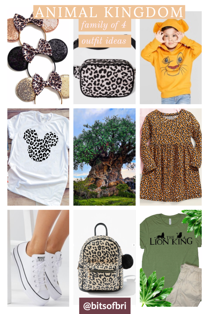 Disney's Animal Kingdom outfit ideas for a family of four with boy and girl to coordinate. leopard swing dress  cute sneakers simple white tee shirt with a leopard Mickey  jean shorts or leggings and sneakers leopard bow mickey ears that you can get in rose gold, black, or gold.  leopard fanny pack or book bag  Simba hoodie with little lion cub ears on the hood  cute "Hakuna Matata" shirt for boys at Target that would be perfect to layer underneath the hoodie. Brianna K bitsofbri best of Disney Disney World outfit ideas coordinating outfits for family 