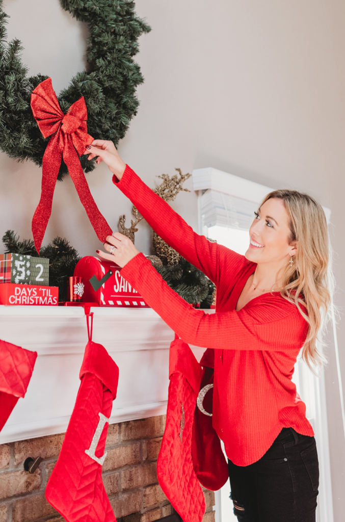 Brianna K bitsofbri blog clean and decorate with me christmas 2019 decorations and decor Inspo ideas red stockings and wreath with red bow