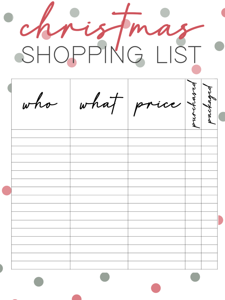 Christmas shopping list printable